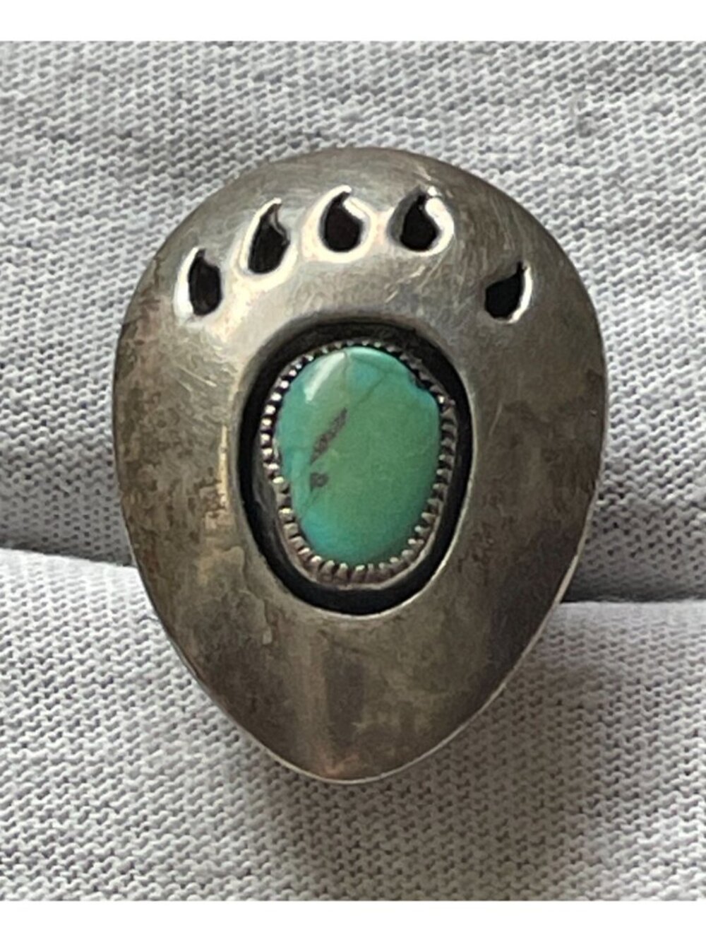 Vintage Signed W or M Navajo Sterling Silver 1.25" Turquoise Bear Paw Ring 6.75